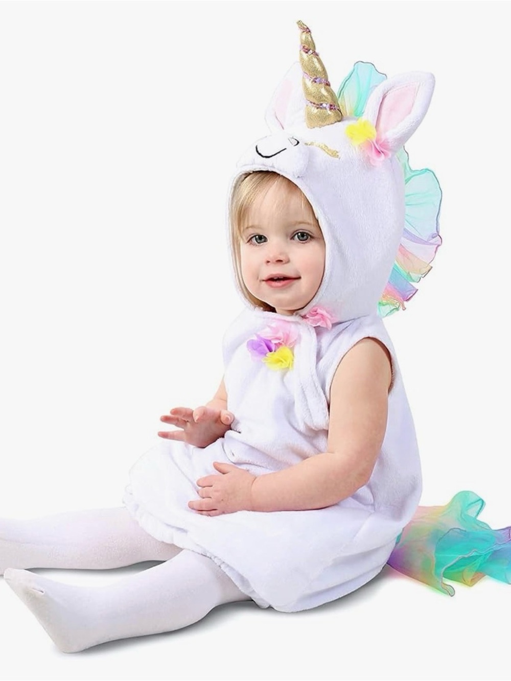 White Unicorn Baby Costume with Pastel Mane and Gold Horn
